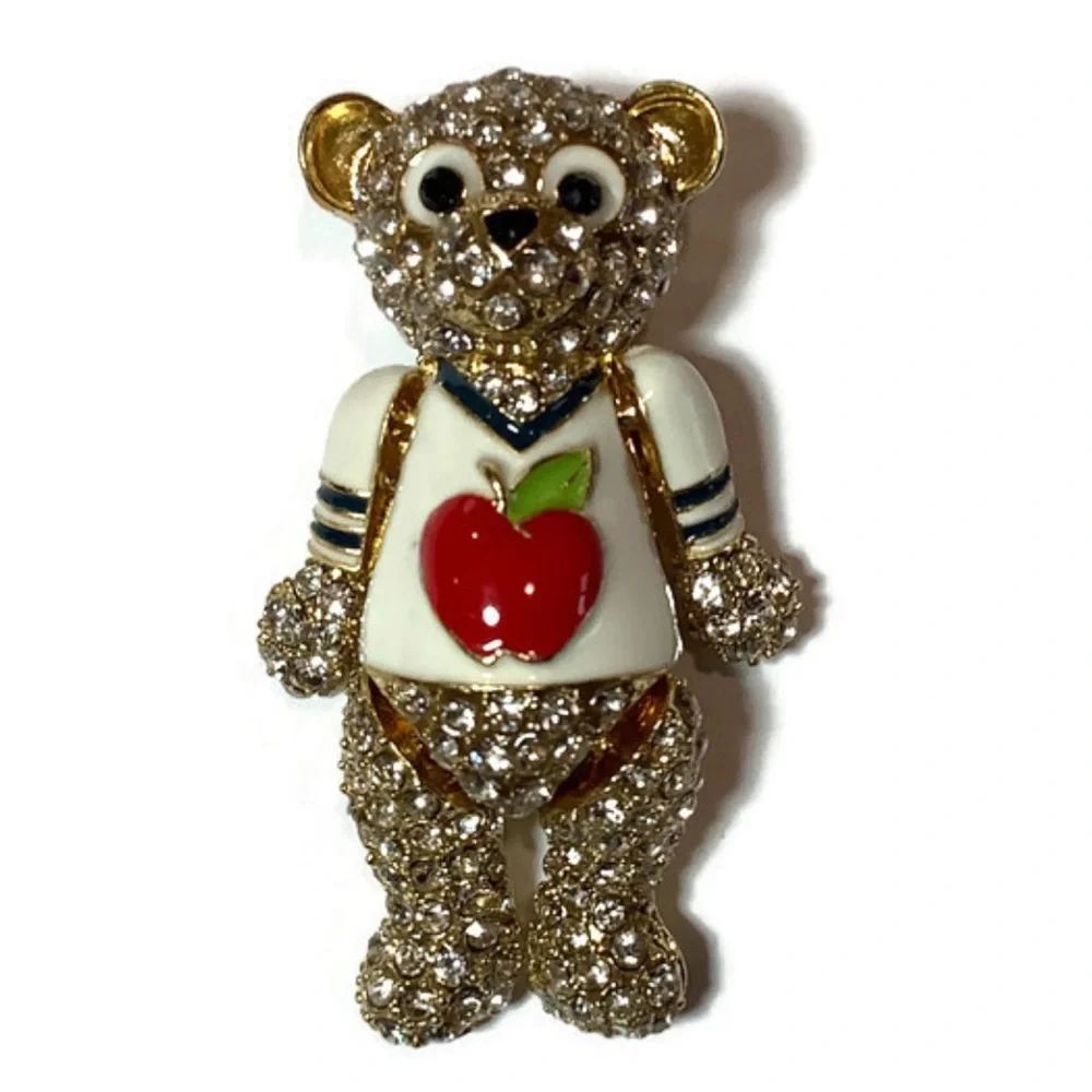 Gold-Tone Crystal Bear Apple Brooch - Picture 2 of 10